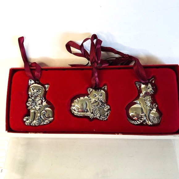 Gorham Christmas Ornaments CATS Set of 3 Nickel plated/ Silver color Original BX - Picture 2 of 16